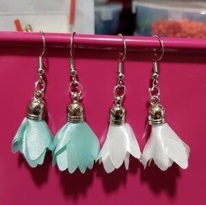 Nickel free mint and white tassel earrings.